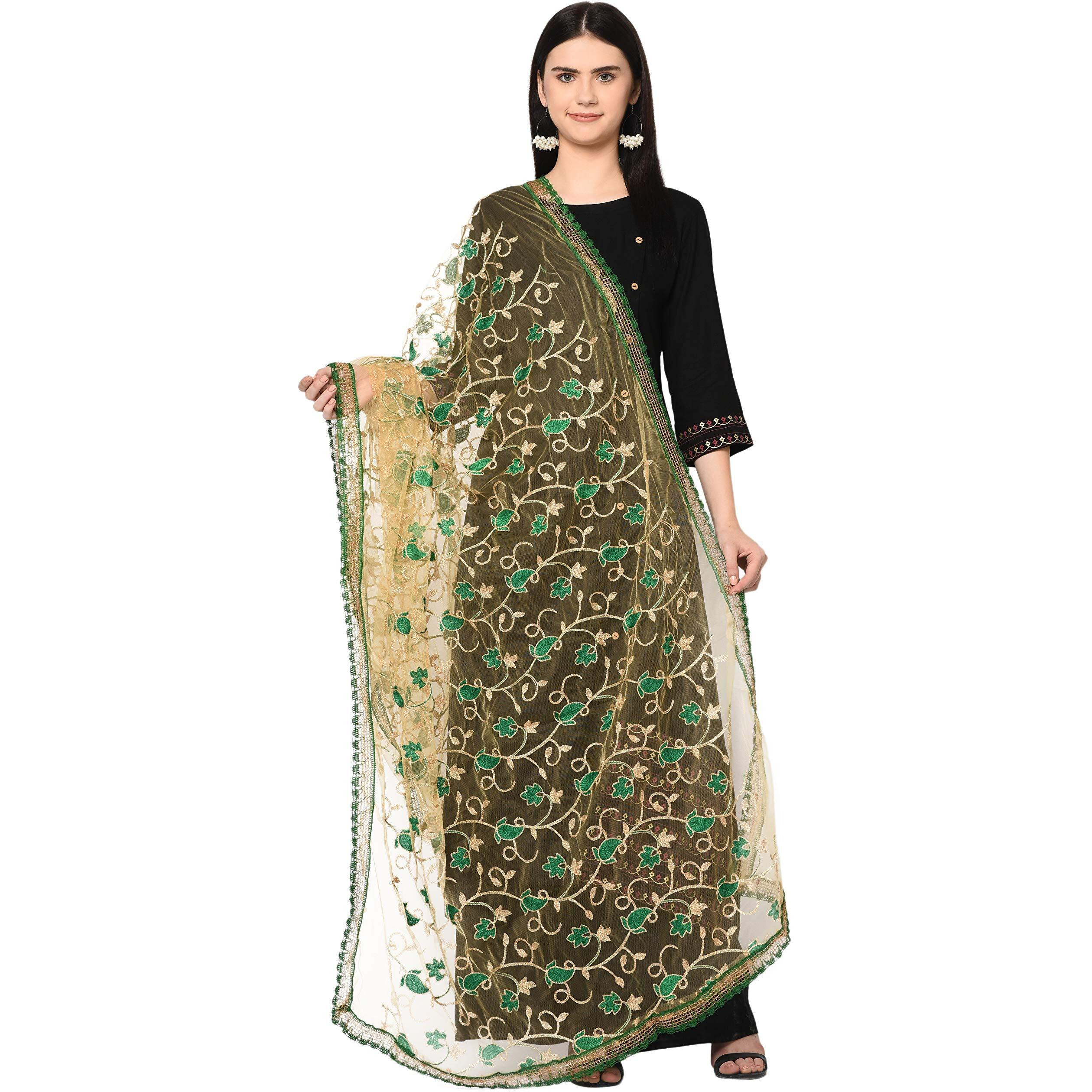 Weavers Villa Women's Net Embroidered Dupatta (New Green), 2.25 Mtrs