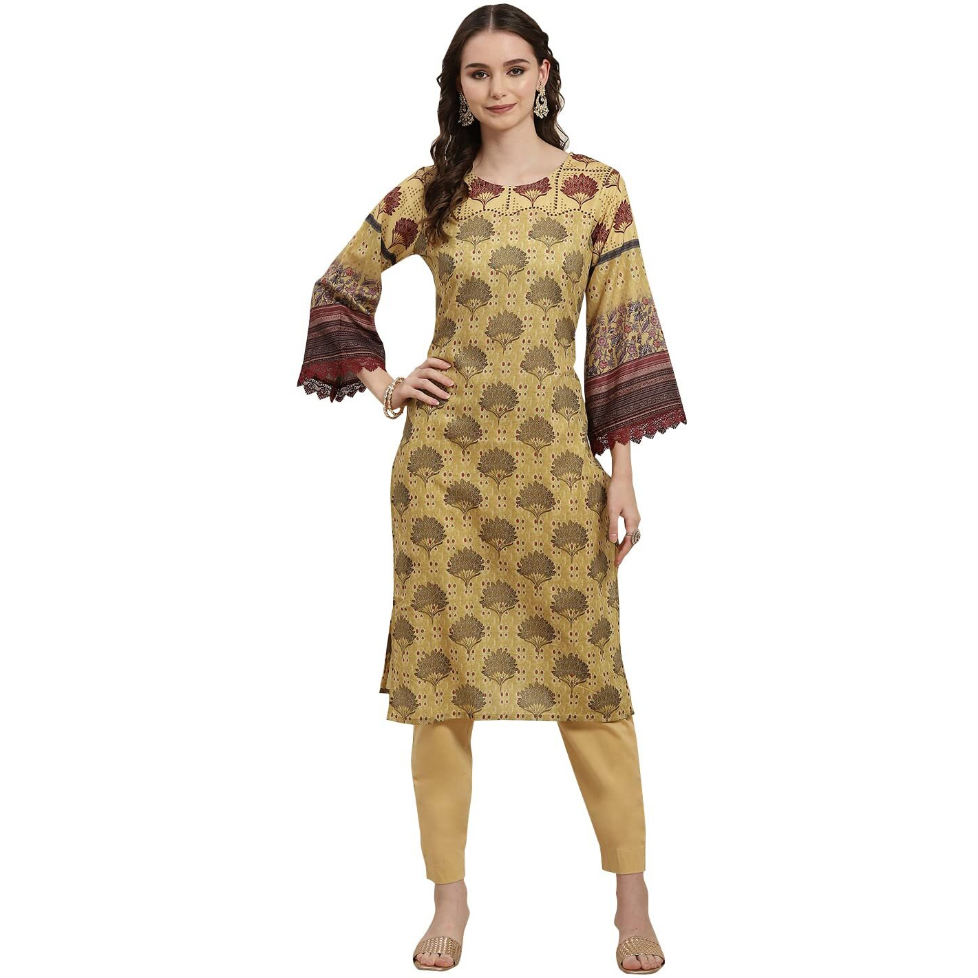 Womanista Women's Cotton Abstract Straight Kurta (Kur213_Green_M)