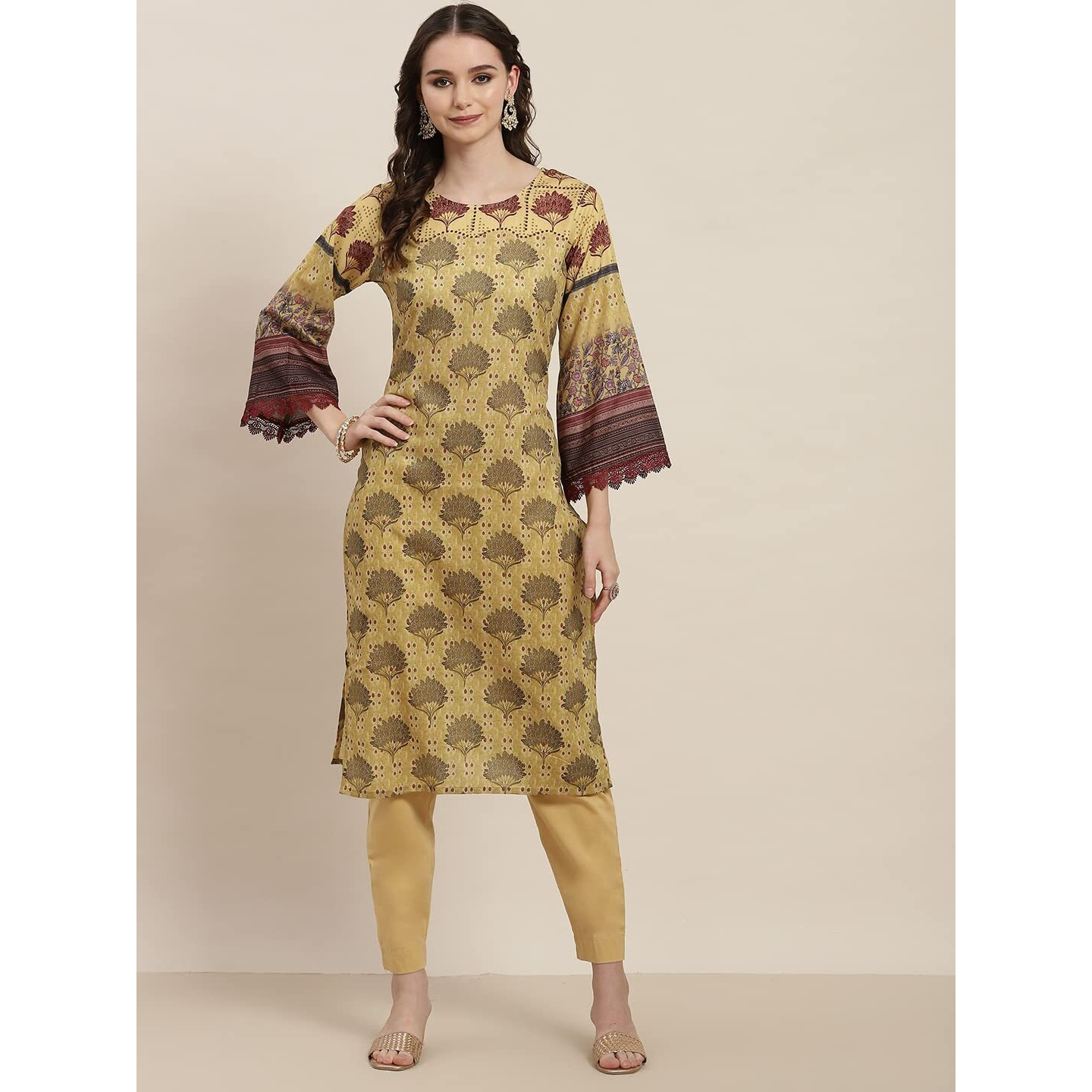Womanista Women's Cotton Abstract Straight Kurta (Kur213_Green_M)