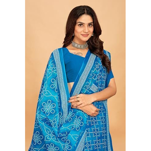 Tamaira Fashion Women's Bandhani Printed Pure Cotton Mulmul Saree Without Blouse Piece(11635_Turquoise)