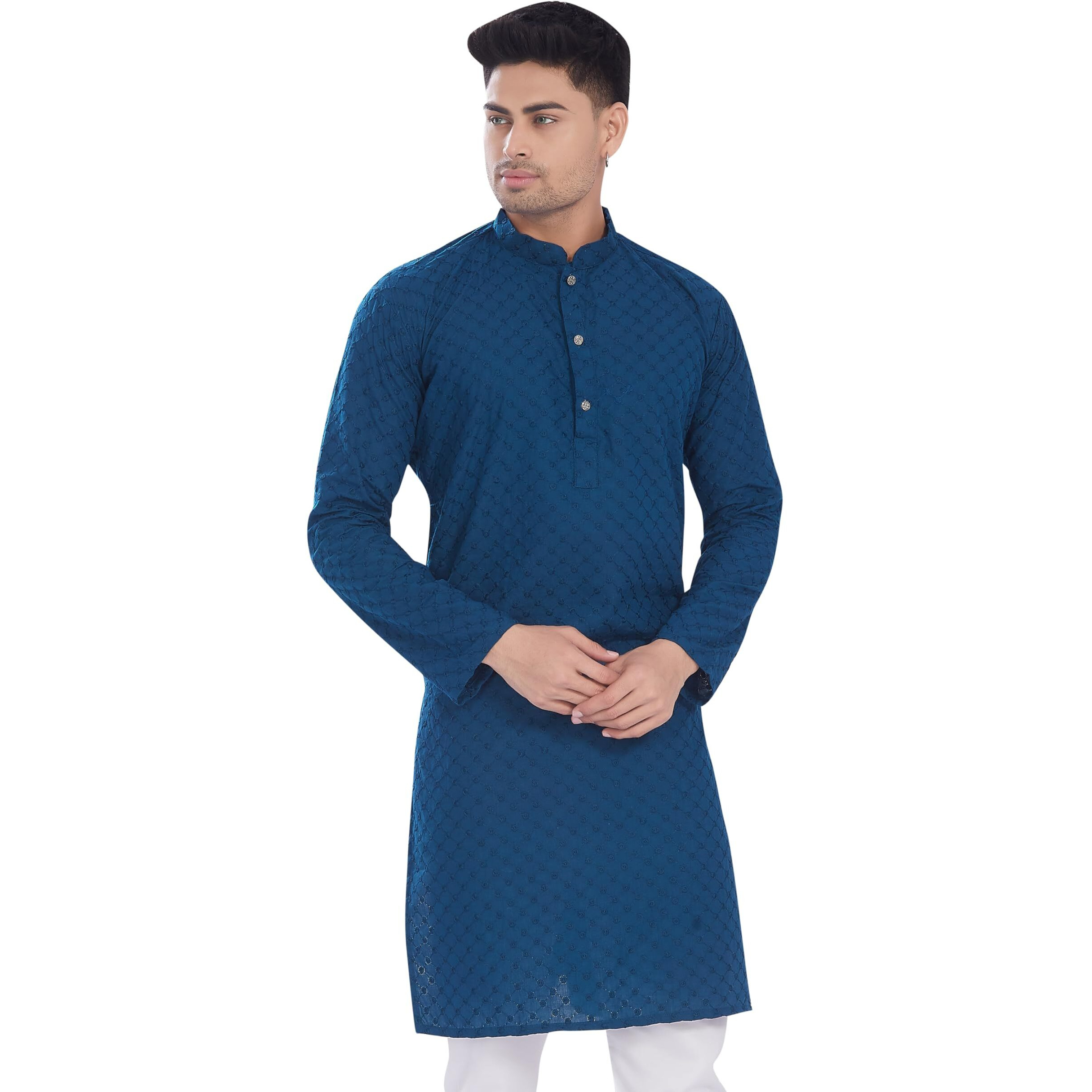Divisive Men's Thread Embroidered Cotton Only Slim Fit Kurta (Dkrt637_M_Turquoise)