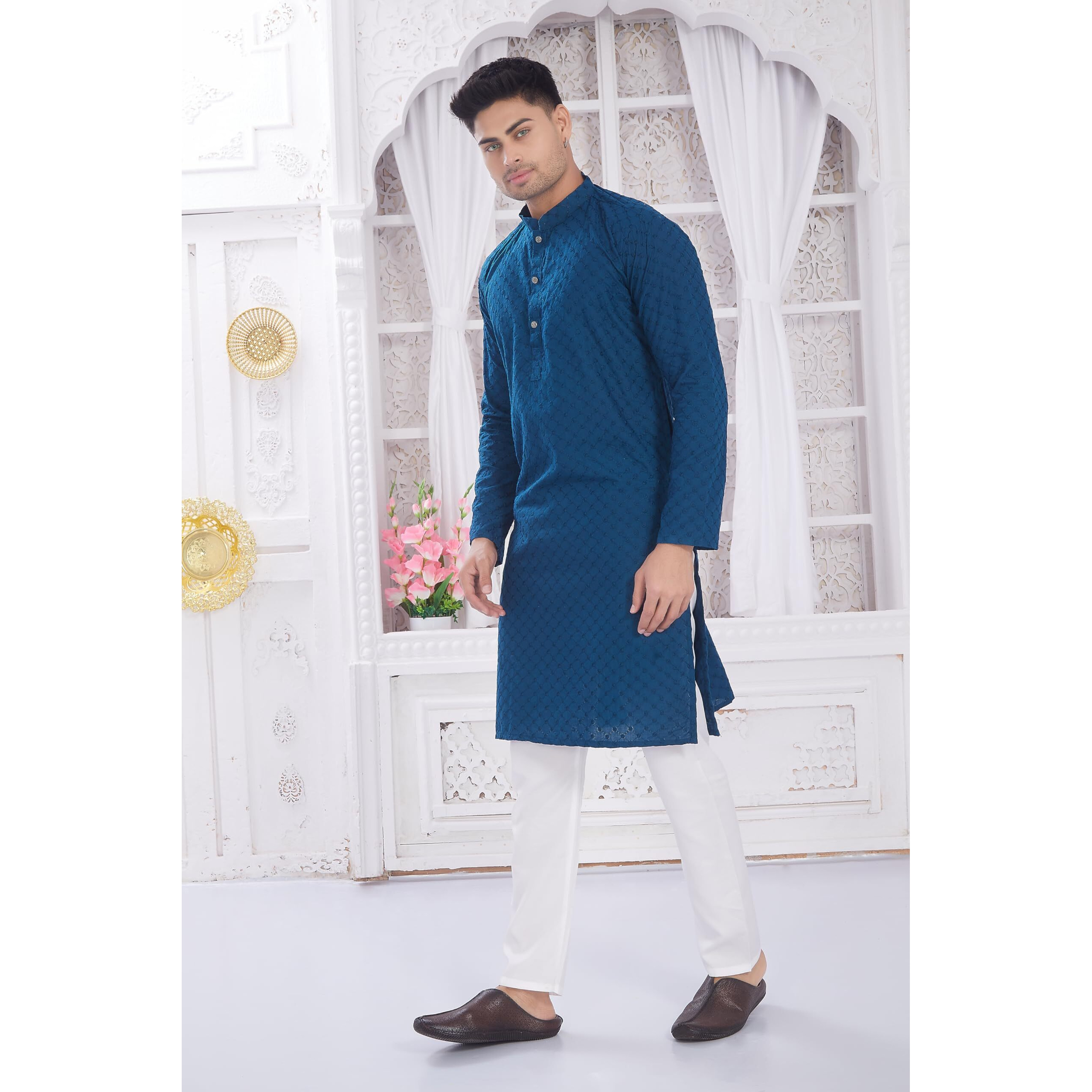 Divisive Men's Thread Embroidered Cotton Only Slim Fit Kurta (Dkrt637_M_Turquoise)