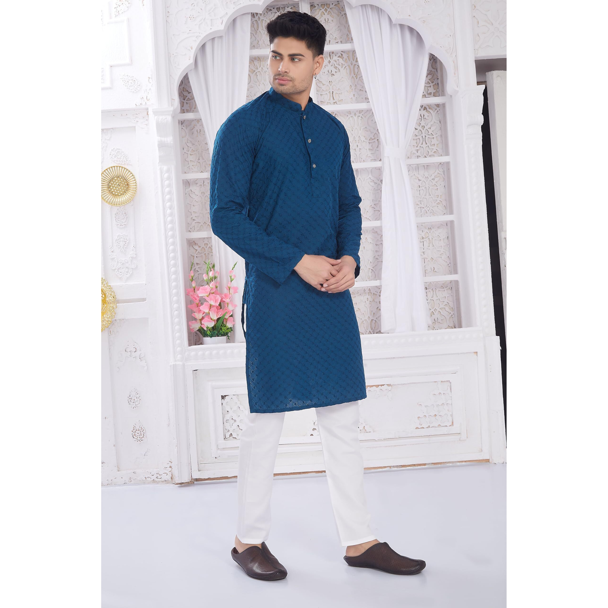 Divisive Men's Thread Embroidered Cotton Only Slim Fit Kurta (Dkrt637_M_Turquoise)