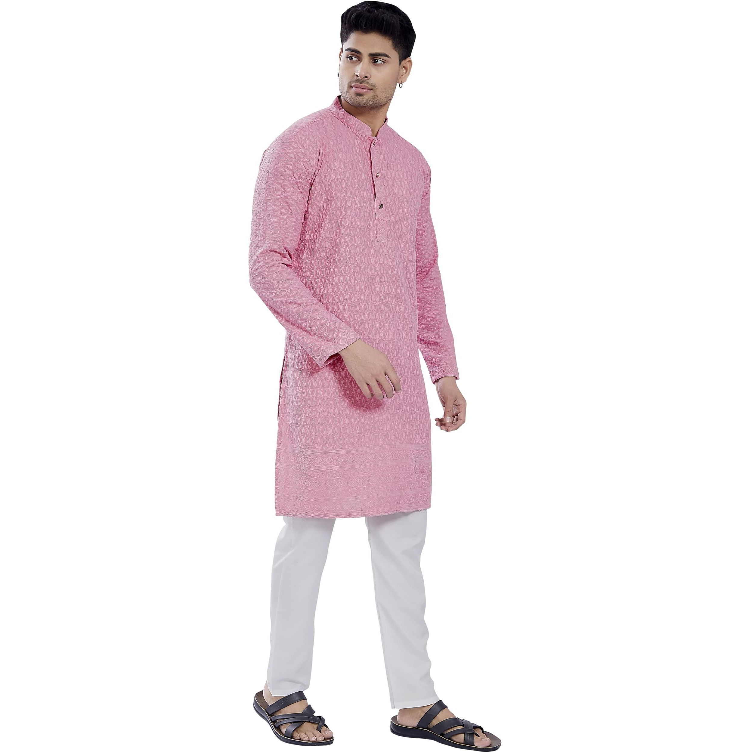 Divisive Men's Thread Embroidered Cotton Blend Only Slim Fit Kurta (Dkrt721_S_Pink)