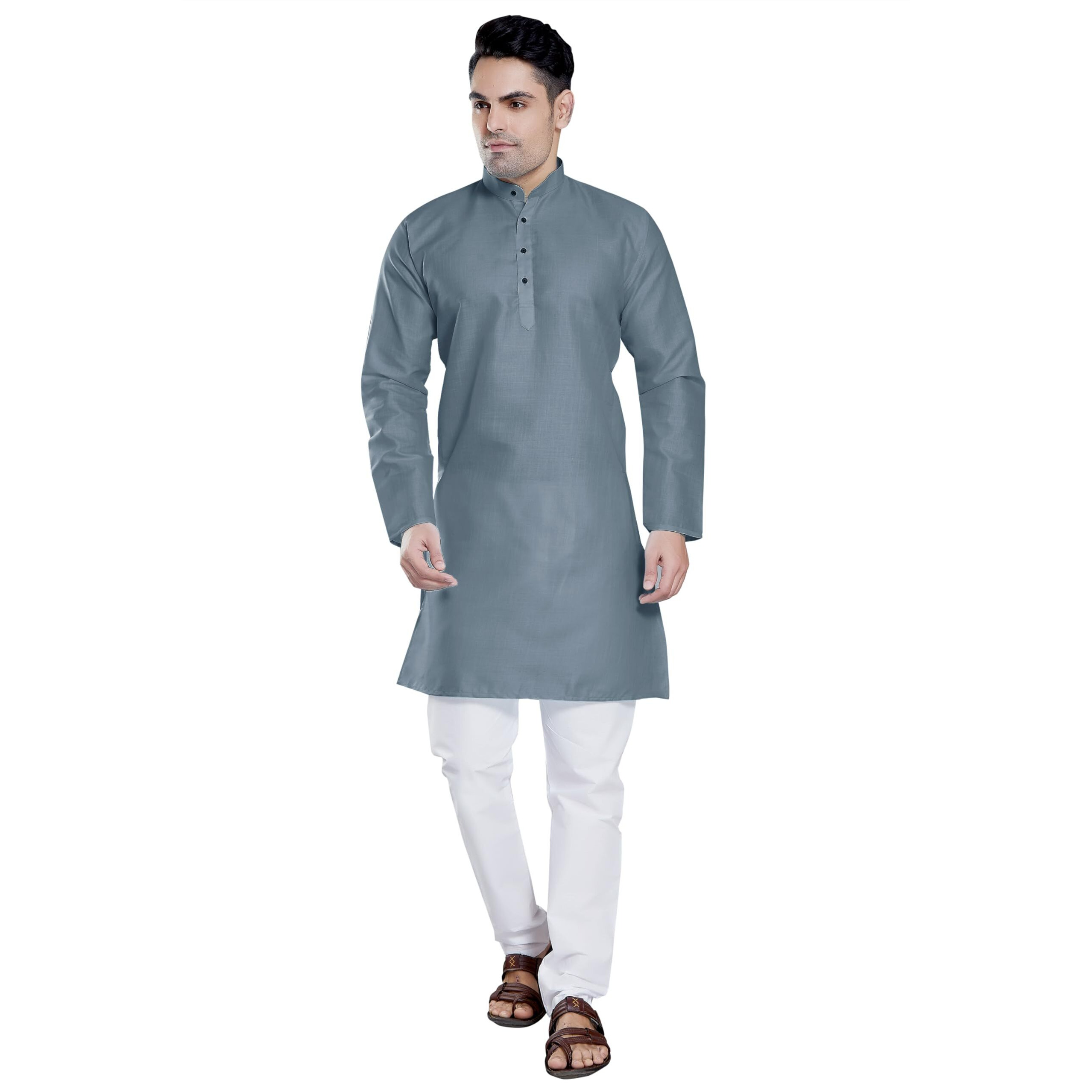 Divisive Men's Plain Cotton Blend Linen Slim Fit Kurta Pyjama Set (Dkrt55_Xxl_Grey)