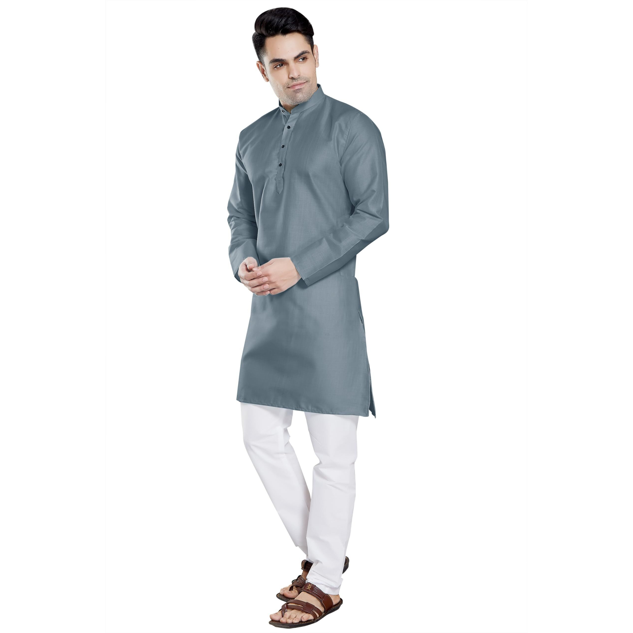 Divisive Men's Plain Cotton Blend Linen Slim Fit Kurta Pyjama Set (Dkrt55_Xxl_Grey)