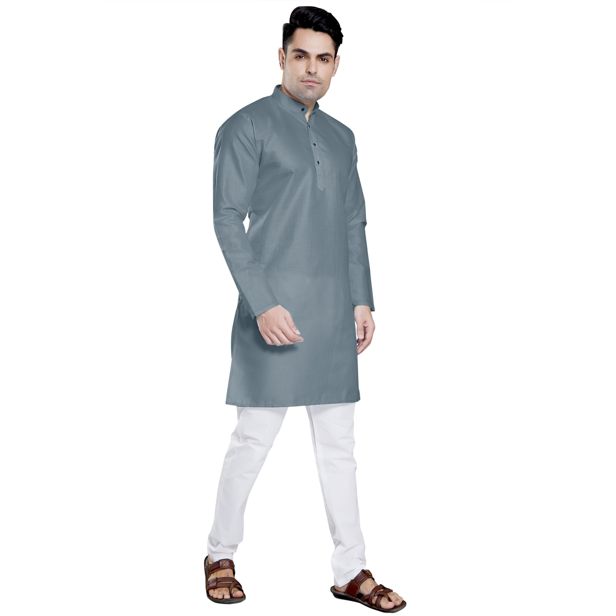 Divisive Men's Plain Cotton Blend Linen Slim Fit Kurta Pyjama Set (Dkrt55_Xxl_Grey)