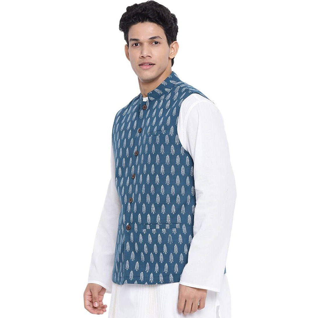 Fabindia Men Cotton Printed Nehru Jacket Teal_Xs