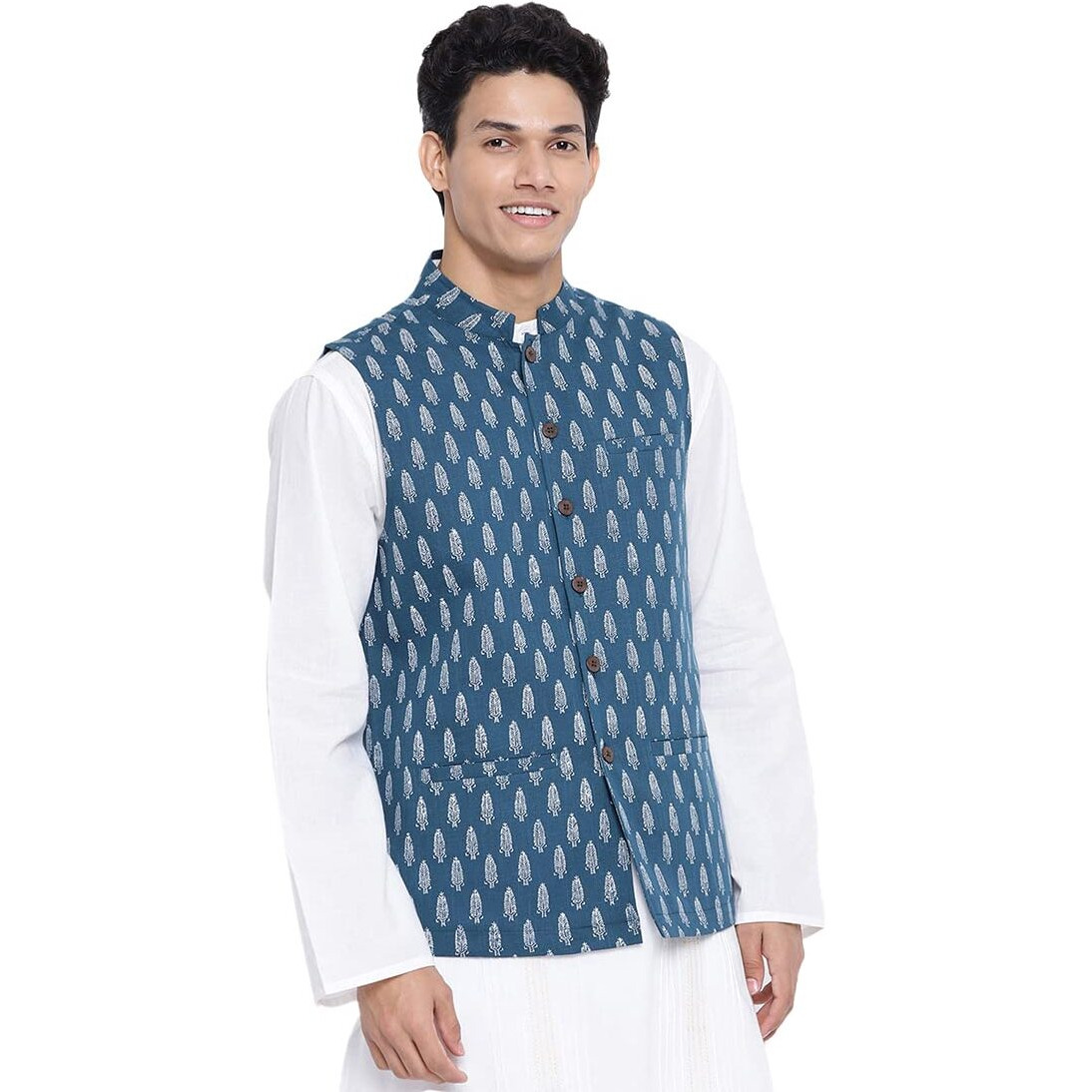 Fabindia Men Cotton Printed Nehru Jacket Teal_Xs