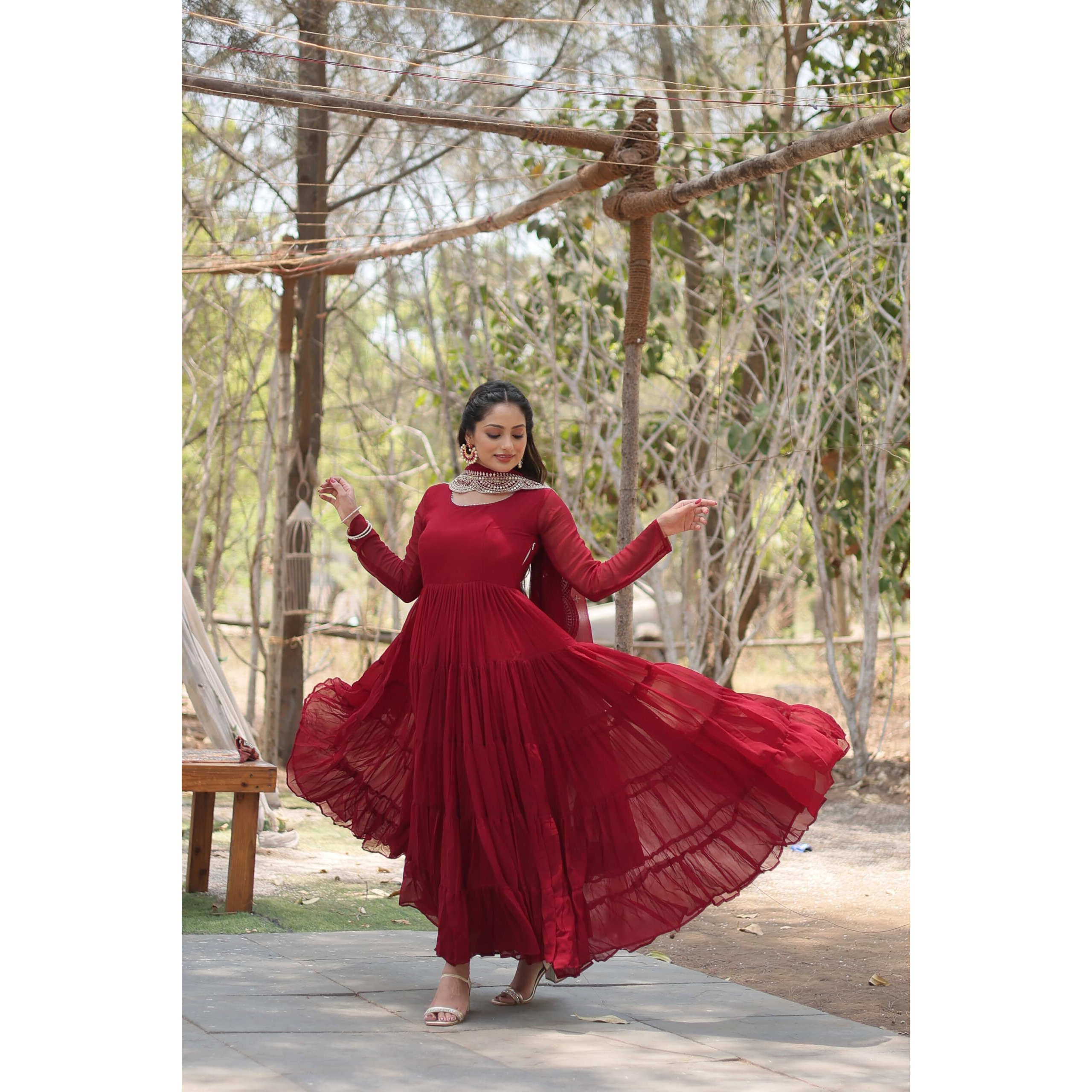 Fashion Basket Women's Georgette Solid Anarkali Dress Maroon