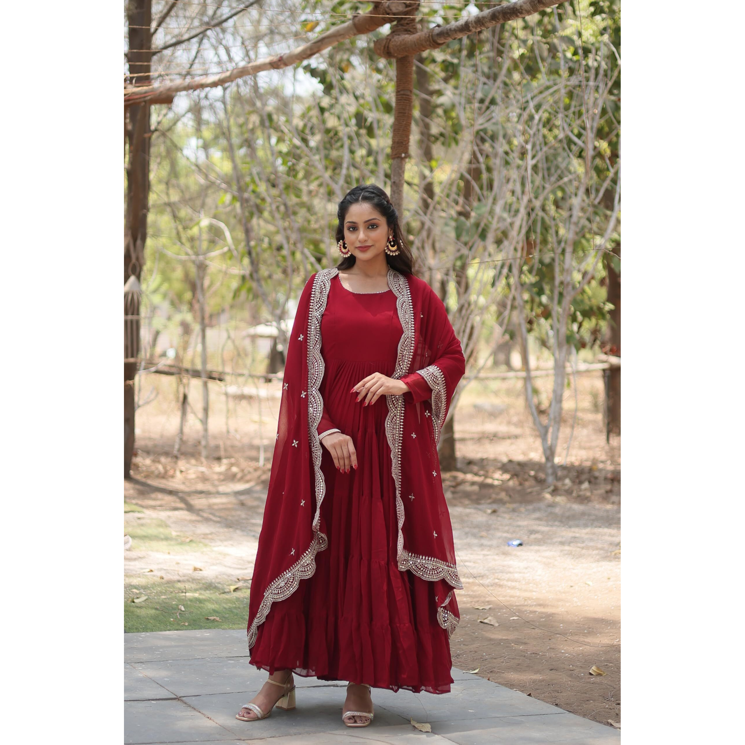 Fashion Basket Women's Georgette Solid Anarkali Dress Maroon