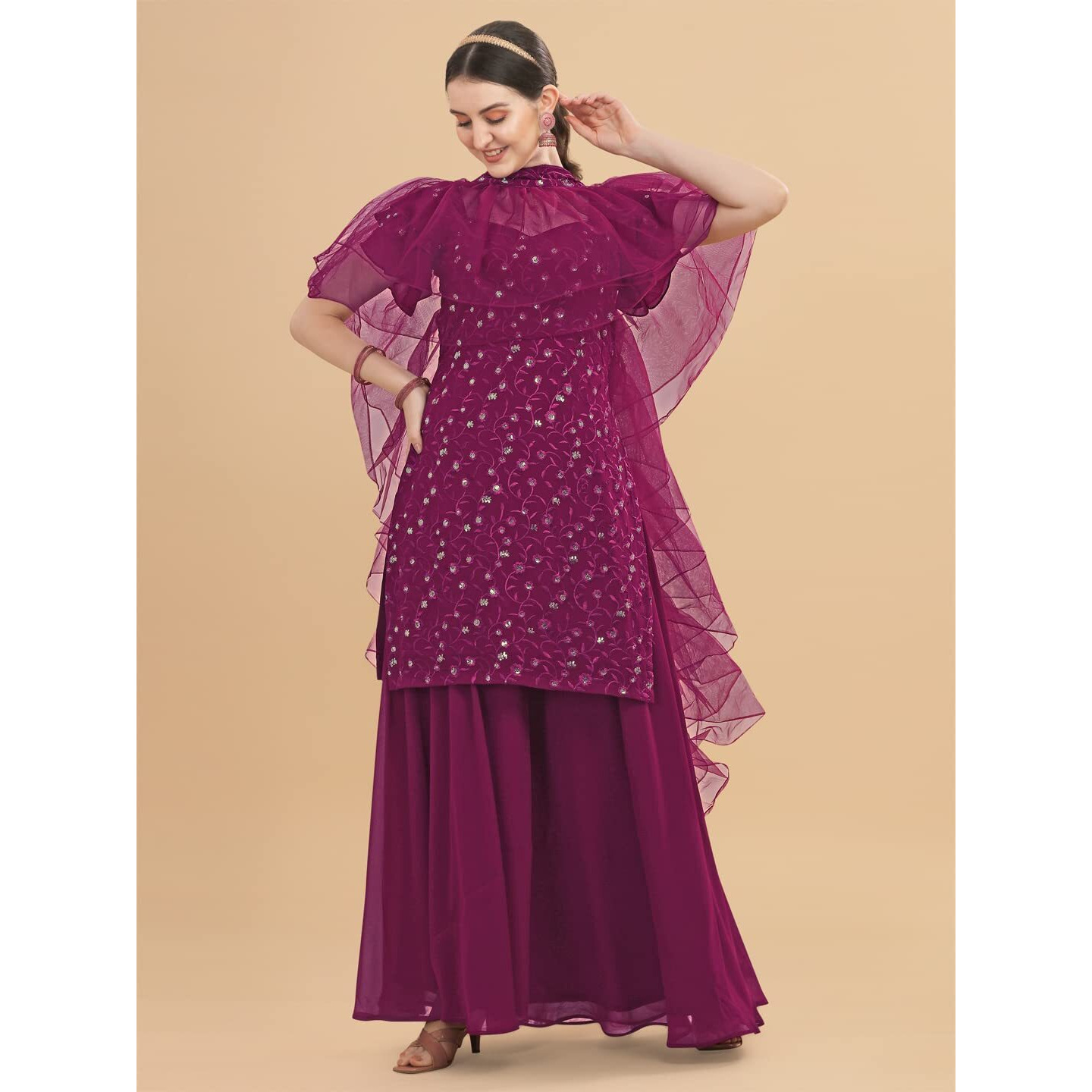 Fashion Basket Gerogette Embroidery & Sequence Purple Salwar Suit For Womens (Fb-Ss-F1435_Purple)