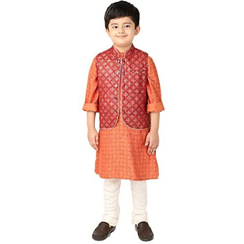 Fabindia Kids Tussur Ghicha Printed Nehru Jacket Silk_3-4Y