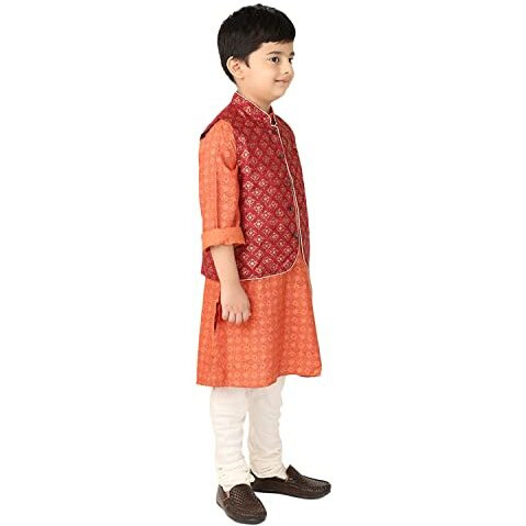 Fabindia Kids Tussur Ghicha Printed Nehru Jacket Silk_3-4Y