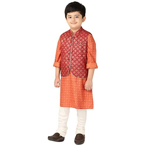 Fabindia Kids Tussur Ghicha Printed Nehru Jacket Silk_3-4Y