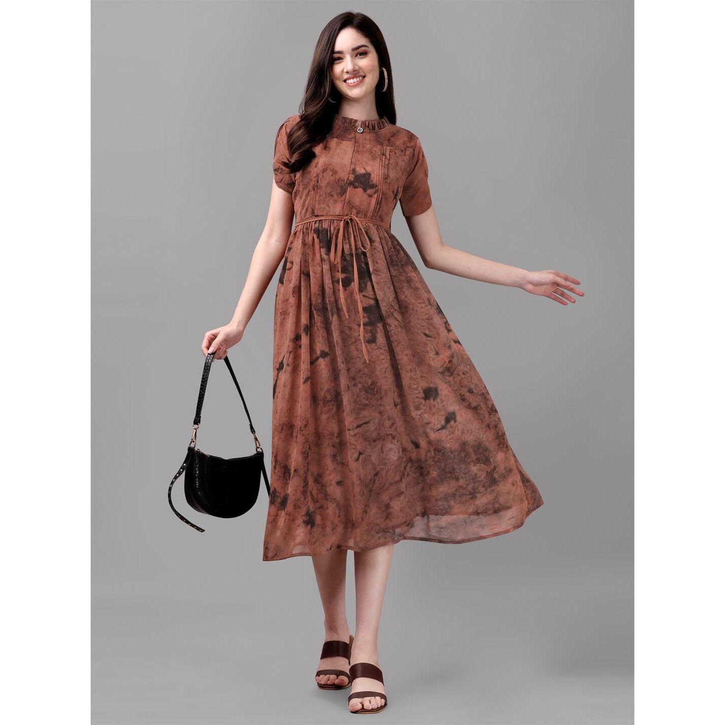 Gufrina Women's Half Sleeve Ruffle Neck & Tie-Up Dress - Elegant Midi Dress With Pleated Details (Brown L)