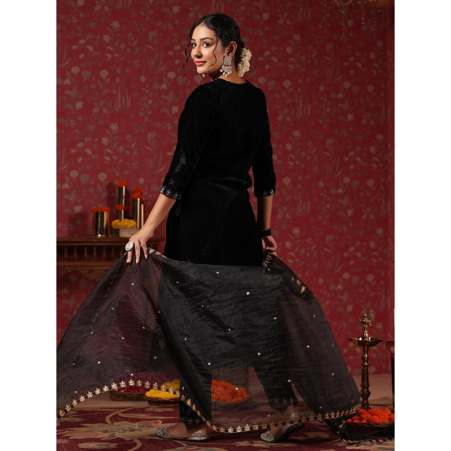 Ishin Women's Velvet Zari Work Black Straight Kurta Suit Set With Trousers And Dupatta