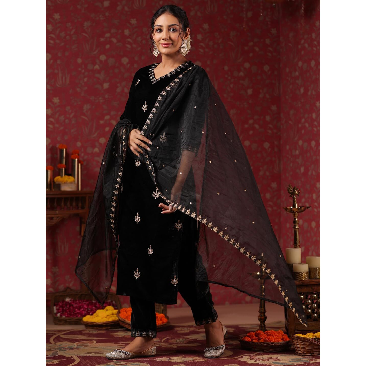 Ishin Women's Velvet Zari Work Black Straight Kurta Suit Set With Trousers And Dupatta