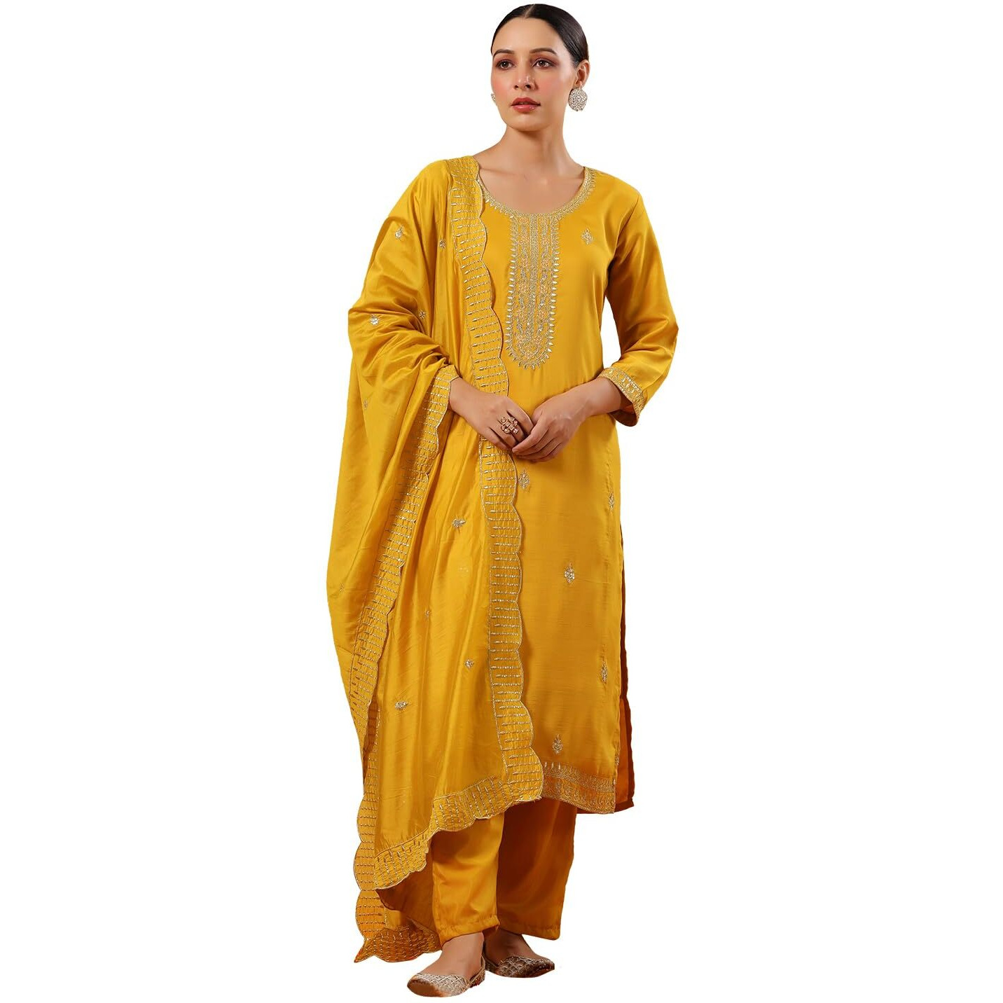 Ishin Women's Poly Silk Ethnic Motifs Zari Mustard Straight Kurta Suit Set With Trousers And Dupatta