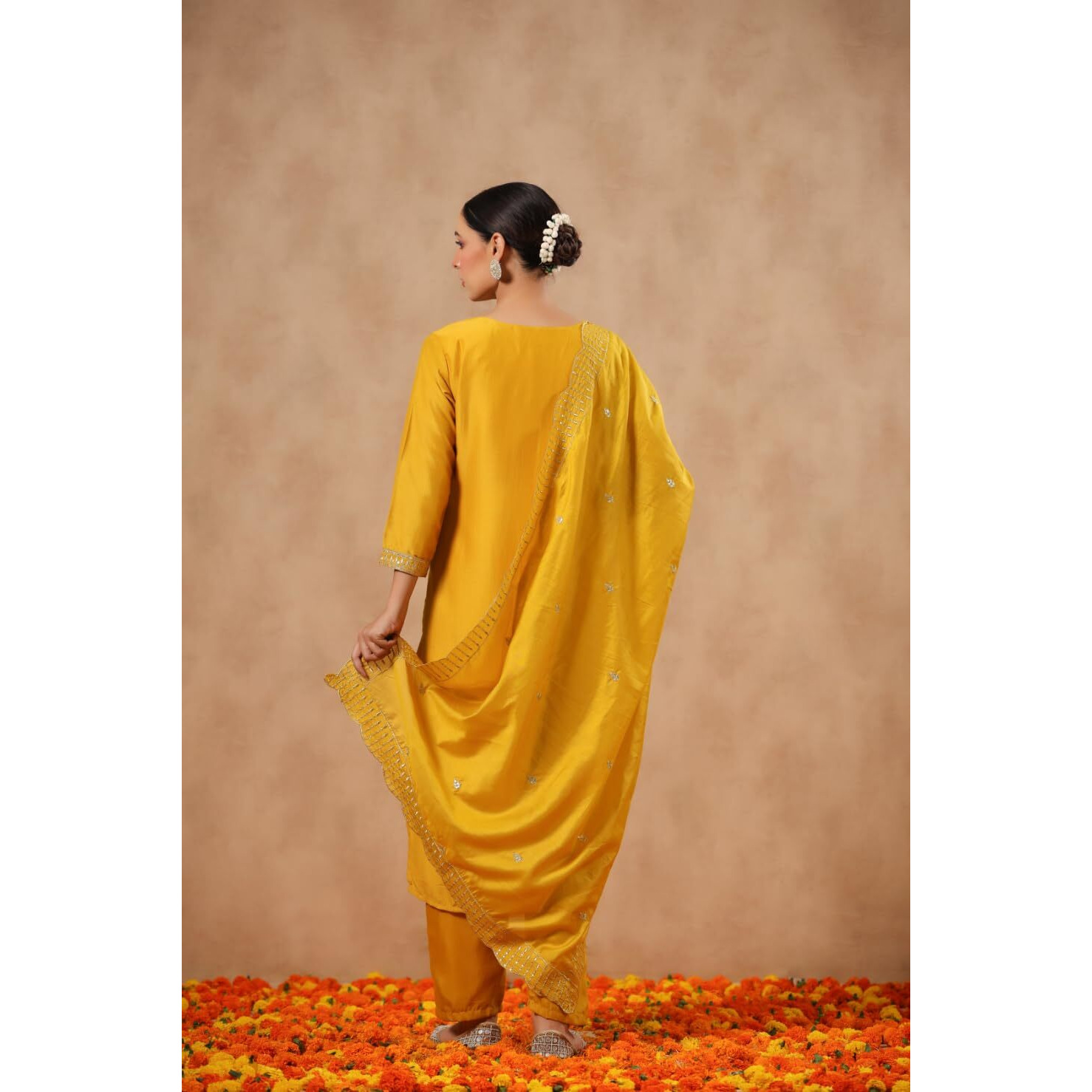 Ishin Women's Poly Silk Ethnic Motifs Zari Mustard Straight Kurta Suit Set With Trousers And Dupatta