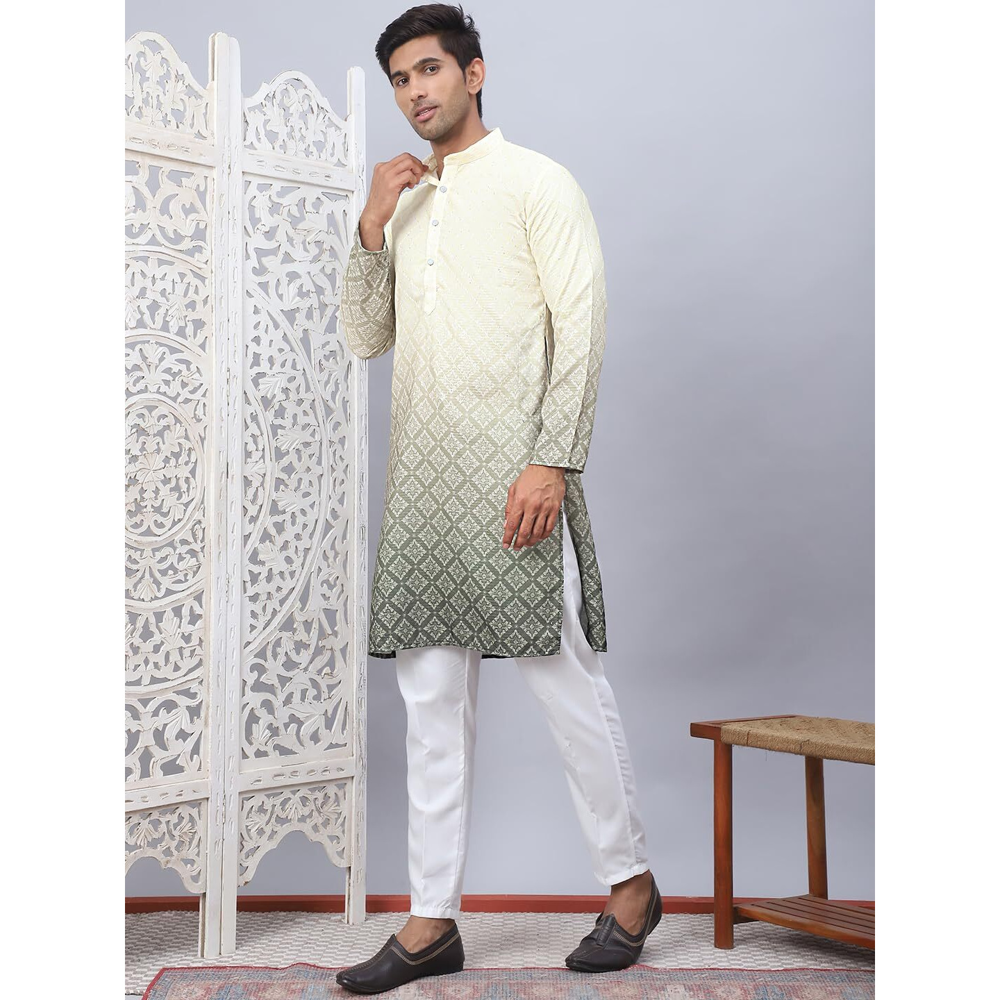 Jompers Yellow Men's Ombre Printed Kurta Pyjama Set (Yellow, L)