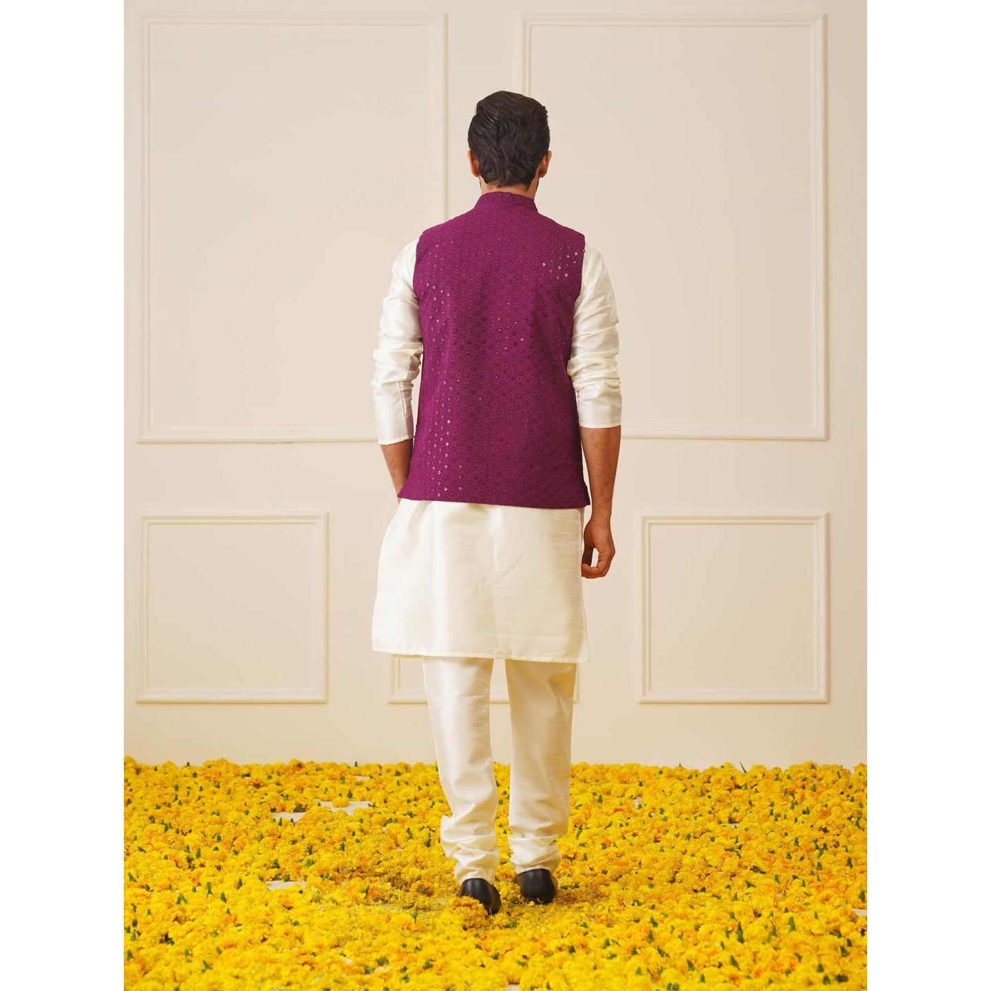 Jompers Mens Purple Sequins And Embroidred Nehru Jacket With Solid Kurta Pyjama. (Purple, M)