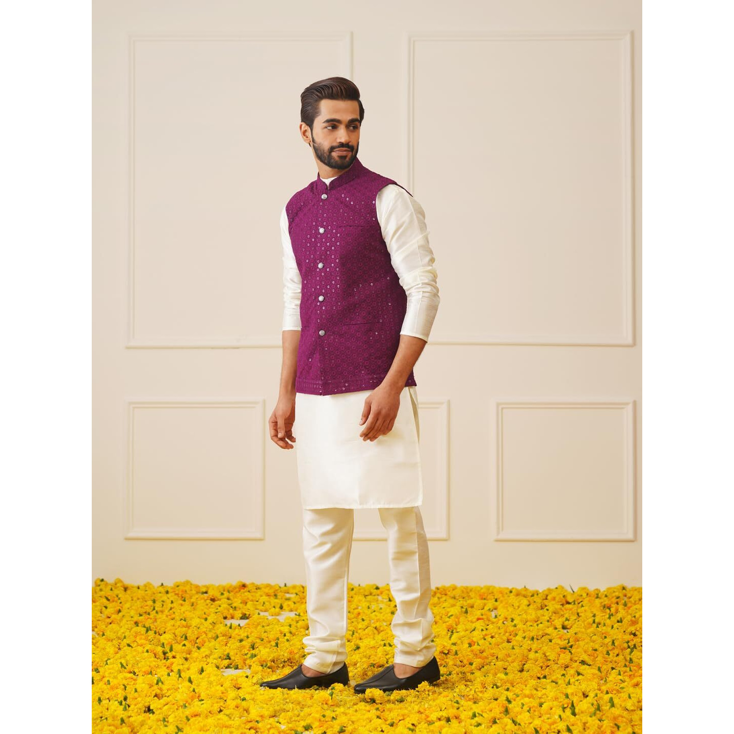 Jompers Mens Purple Sequins And Embroidred Nehru Jacket With Solid Kurta Pyjama. (Purple, M)