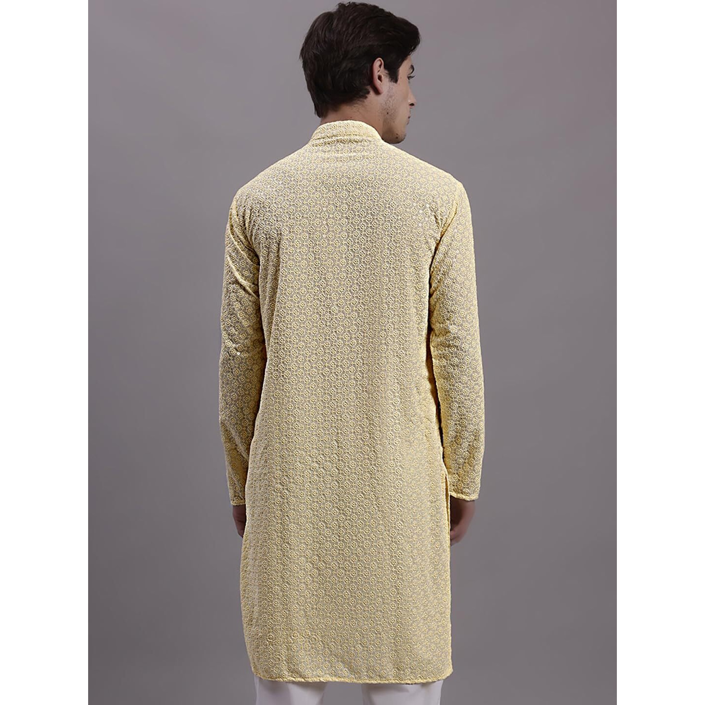 Jompers Men's Embroidered Chikankari And Sequence Kurtas (Yellow, M)