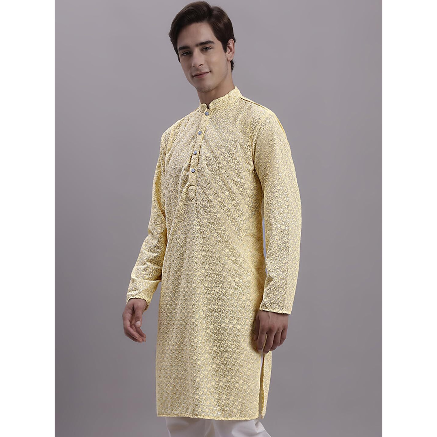 Jompers Men's Embroidered Chikankari And Sequence Kurtas (Yellow, M)