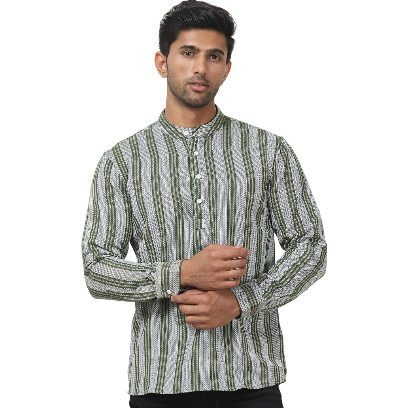 Jompers Olive Woven Design Cotton Short Kurta For Men. (Olive, M)