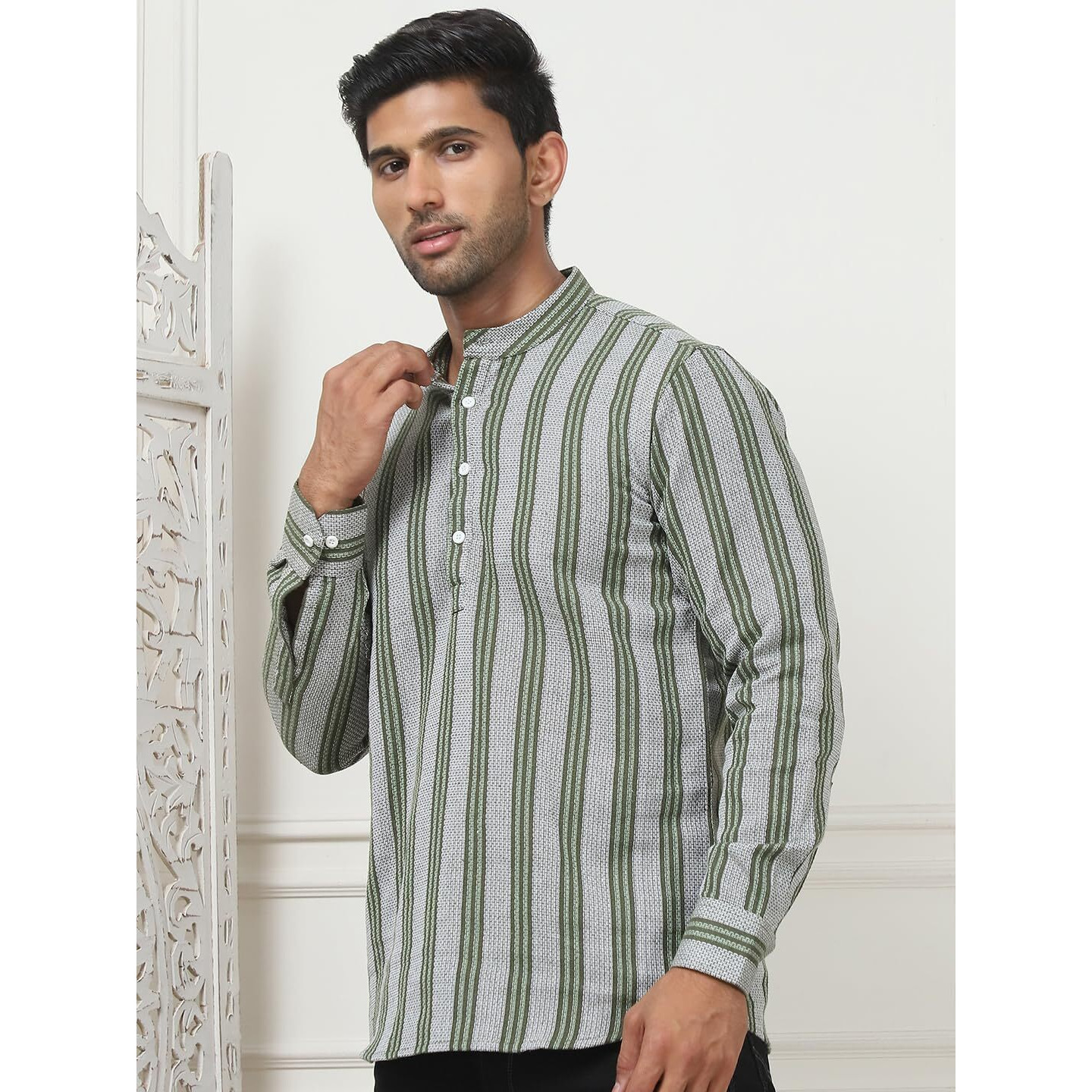Jompers Olive Woven Design Cotton Short Kurta For Men. (Olive, M)