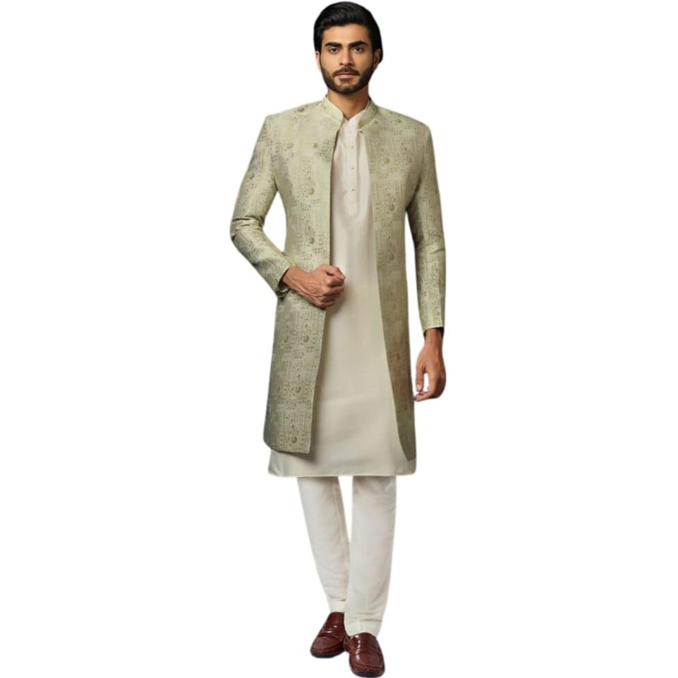 Kisah Men's Kurta Indo-Western Sherwani Trouser Set, Beige Cotton, Jacquard Regular Fit Mandarin Collar Long Sleeves (L)