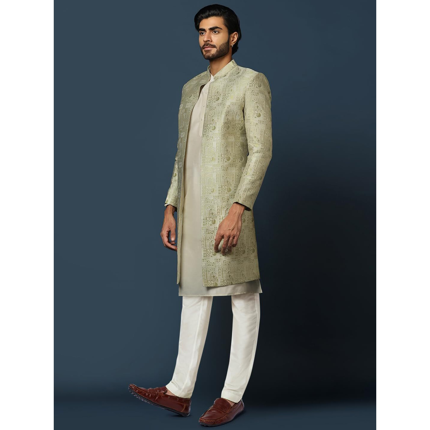 Kisah Men's Kurta Indo-Western Sherwani Trouser Set, Beige Cotton, Jacquard Regular Fit Mandarin Collar Long Sleeves (L)