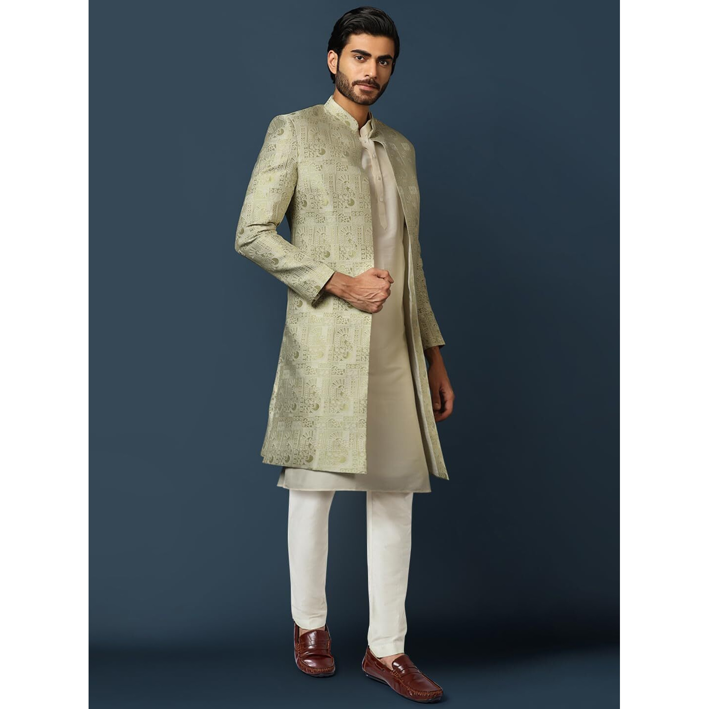 Kisah Men's Kurta Indo-Western Sherwani Trouser Set, Beige Cotton, Jacquard Regular Fit Mandarin Collar Long Sleeves (L)