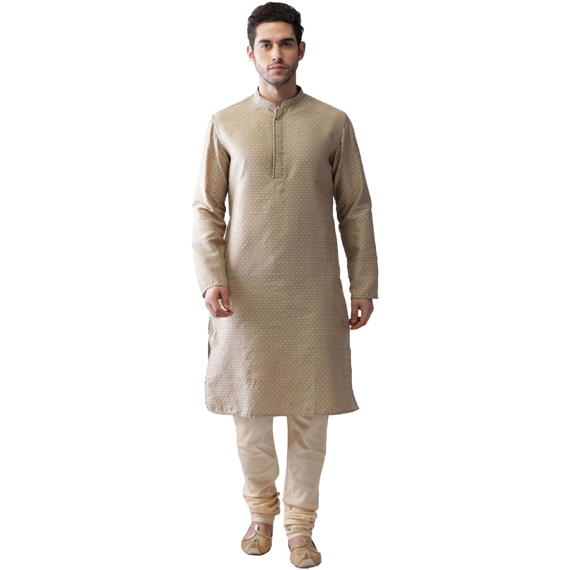 Kisah Mens Printed Silk Blend Jacquard Kurta - Traditional Ethnic Wear Kurta For Men For Weddings & Festivals, Beige, 38