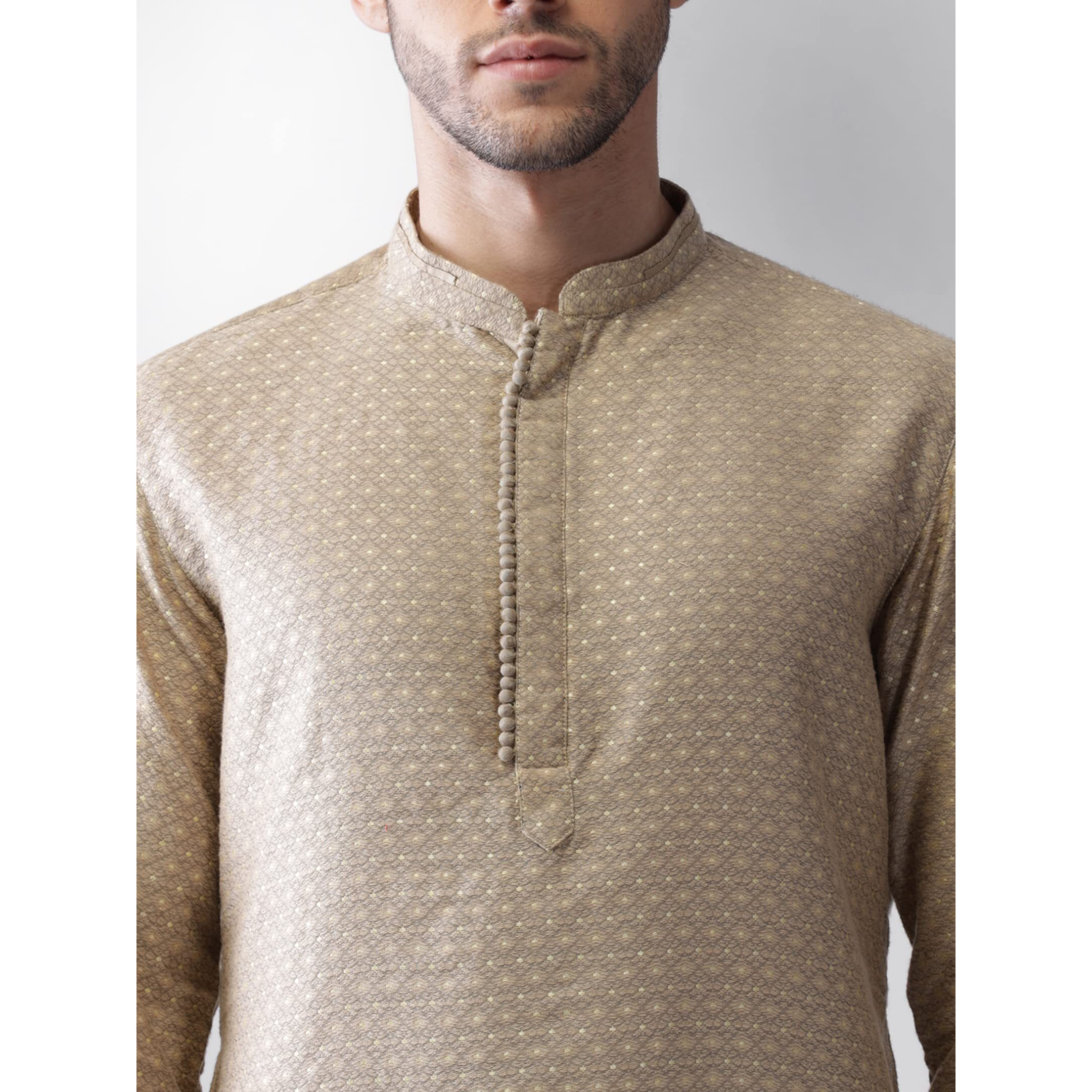 Kisah Mens Printed Silk Blend Jacquard Kurta - Traditional Ethnic Wear Kurta For Men For Weddings & Festivals, Beige, 38
