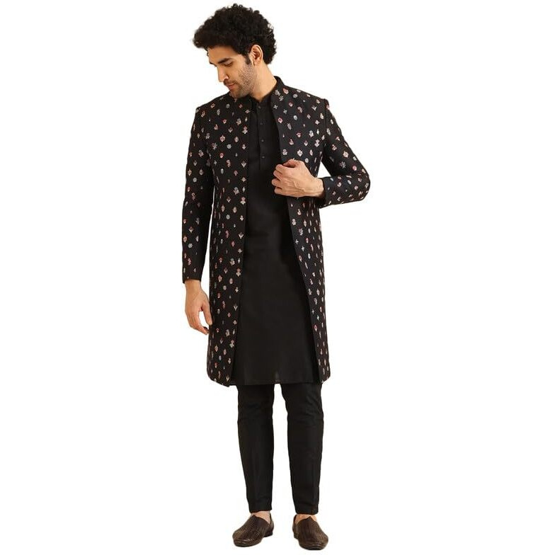Kisah Men's Indo-Western Kurta Sherwani Trouser Set, Black Cotton Blend, Embroidered Regular Fit Mandarin Collar Long Sleeves (44)