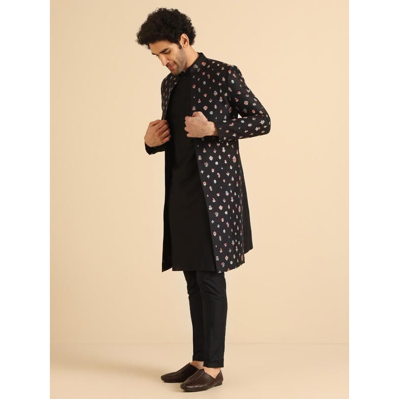 Kisah Men's Indo-Western Kurta Sherwani Trouser Set, Black Cotton Blend, Embroidered Regular Fit Mandarin Collar Long Sleeves (44)