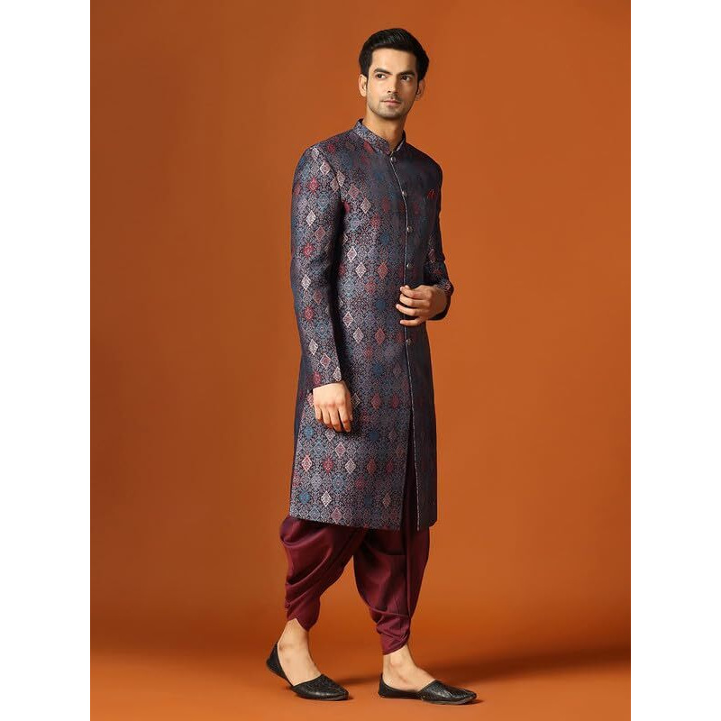 Kisah Men's Sherwani Dhoti Set, Indo-Western Multi Jacquard, Woven Design Regular Fit Mandarin Collar Long Sleeves (44)