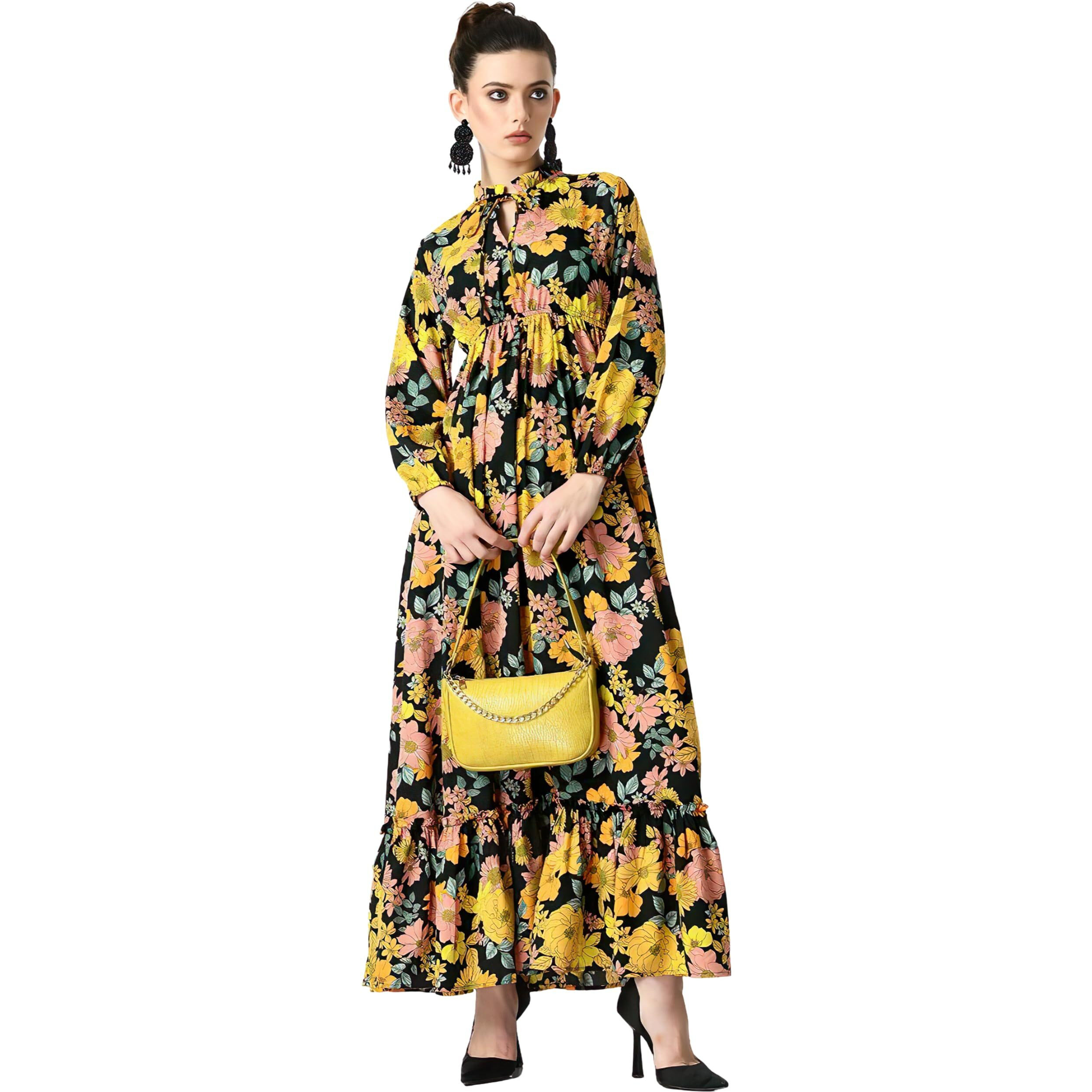 Kzully Women's Crepe A-Line Maxi Dress (8001-Yellow-Peach-Flower-S_Yellow