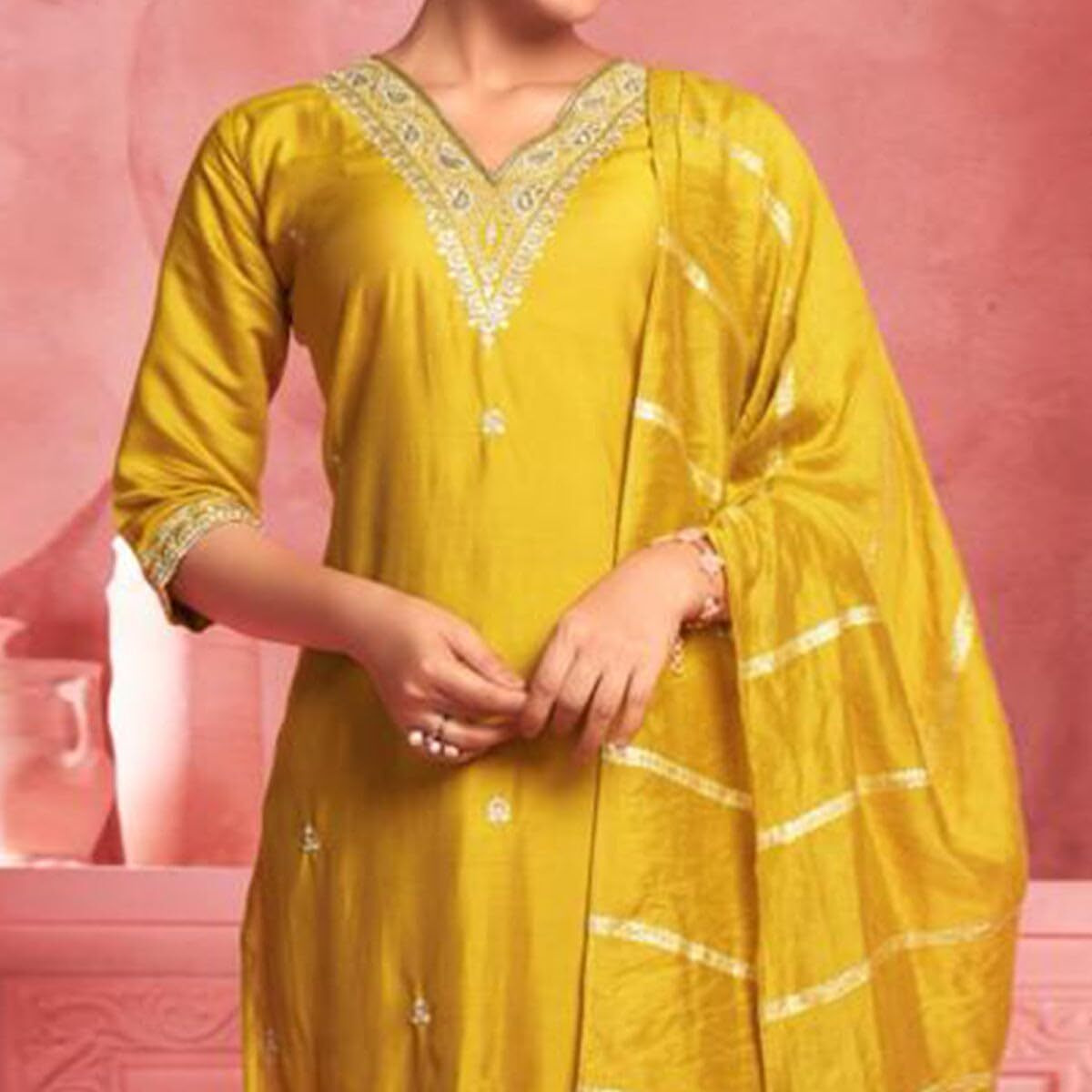 Lookmark Women's Pure Cotton Straight Kurta Pant Dupatta Set With Elegant Embroidery - Perfect For Every Occasion (Az-Lm-Og-Ks2105-S, Kurta Set, Yellow)