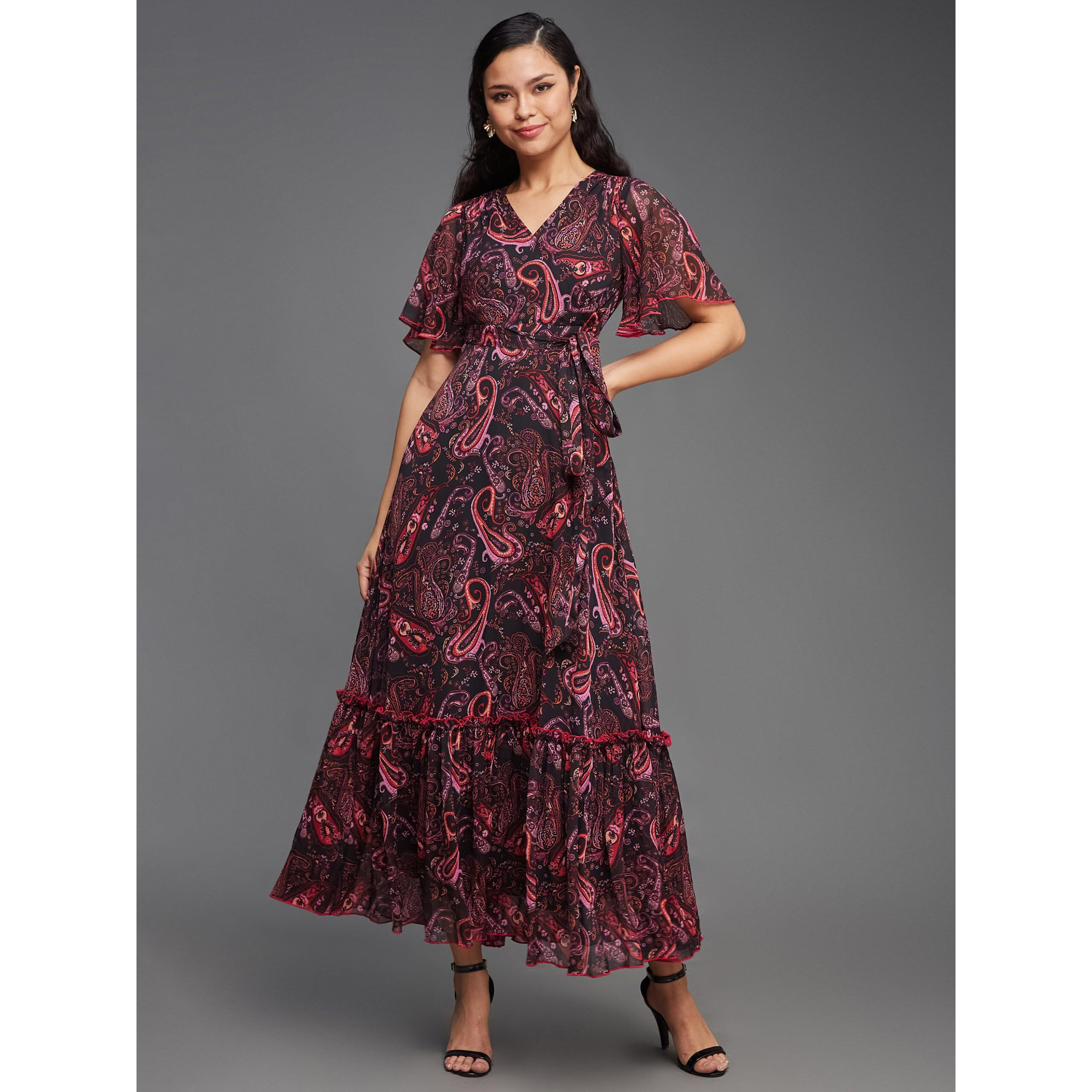 Miss Chase Women's Bohemian V-Neck Flutter Sleeve Chiffon Relaxed Fit Wrap Maxi Dress With Pockets (Mcaw21D06-14-171-07, Multicolored-Base-Black, 2Xl)