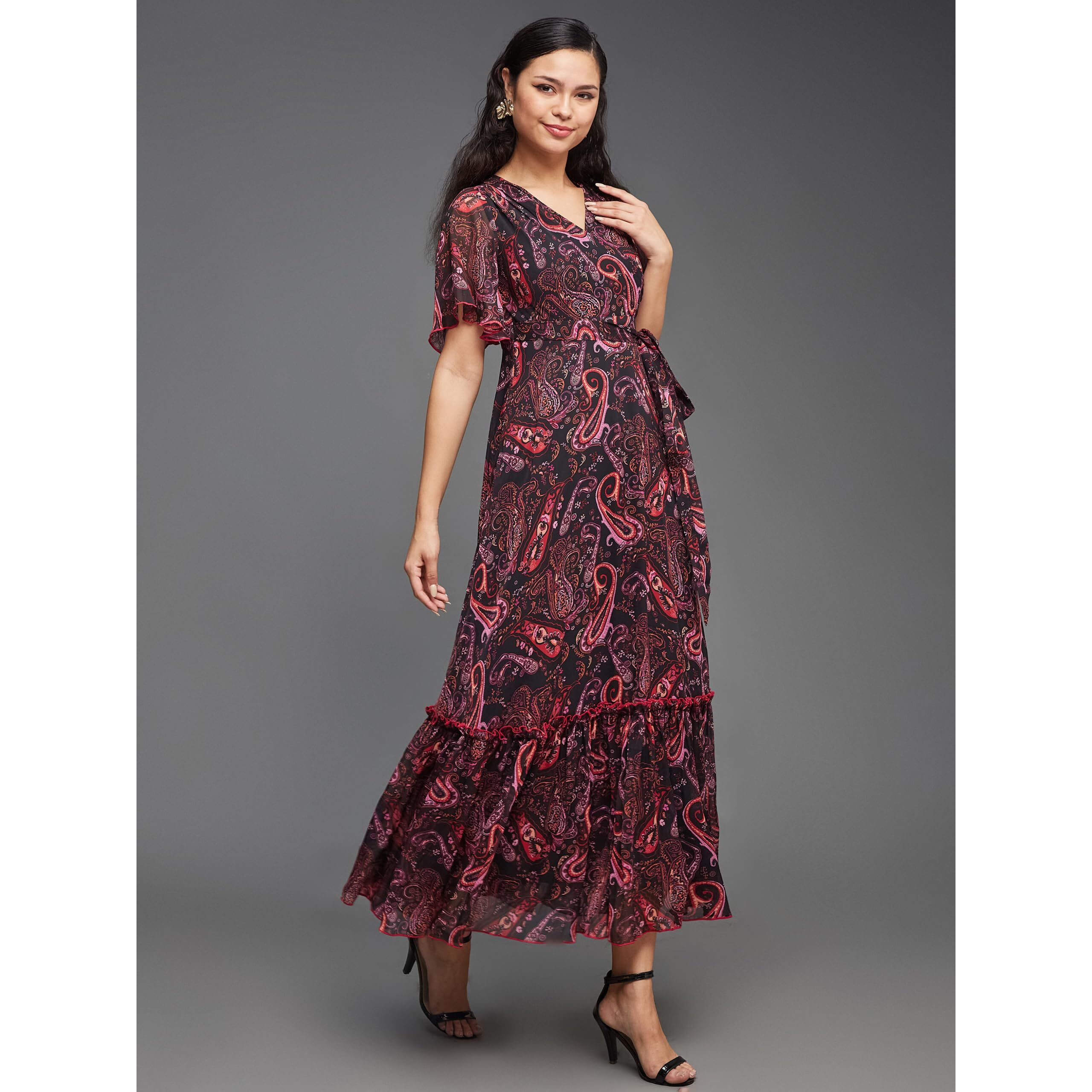Miss Chase Women's Bohemian V-Neck Flutter Sleeve Chiffon Relaxed Fit Wrap Maxi Dress With Pockets (Mcaw21D06-14-171-07, Multicolored-Base-Black, 2Xl)