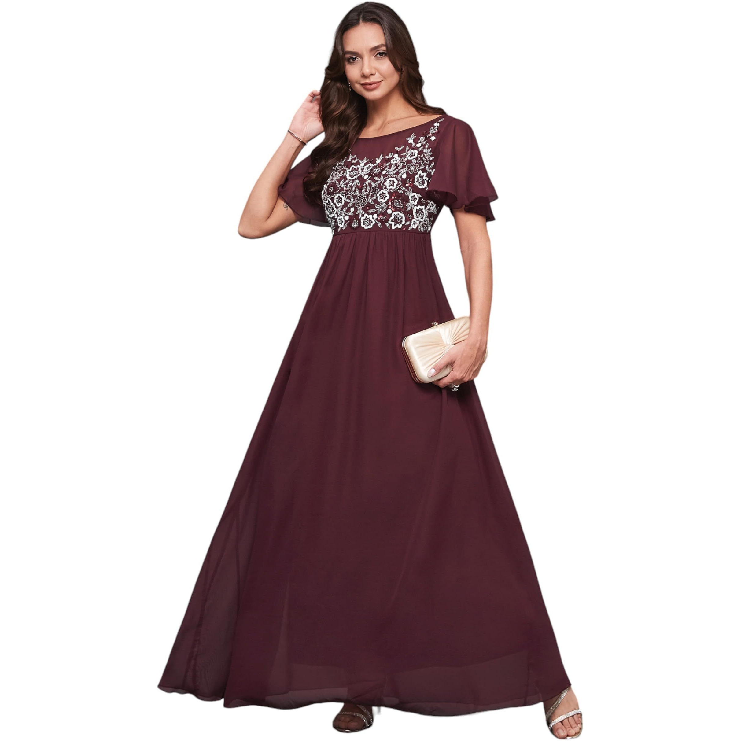 Miss Chase Women's Boat Neck Half Sleeve Solid Embellished Georgette Maxi Dress (Mcaw21D06-24-184-06, Wine, Xl)