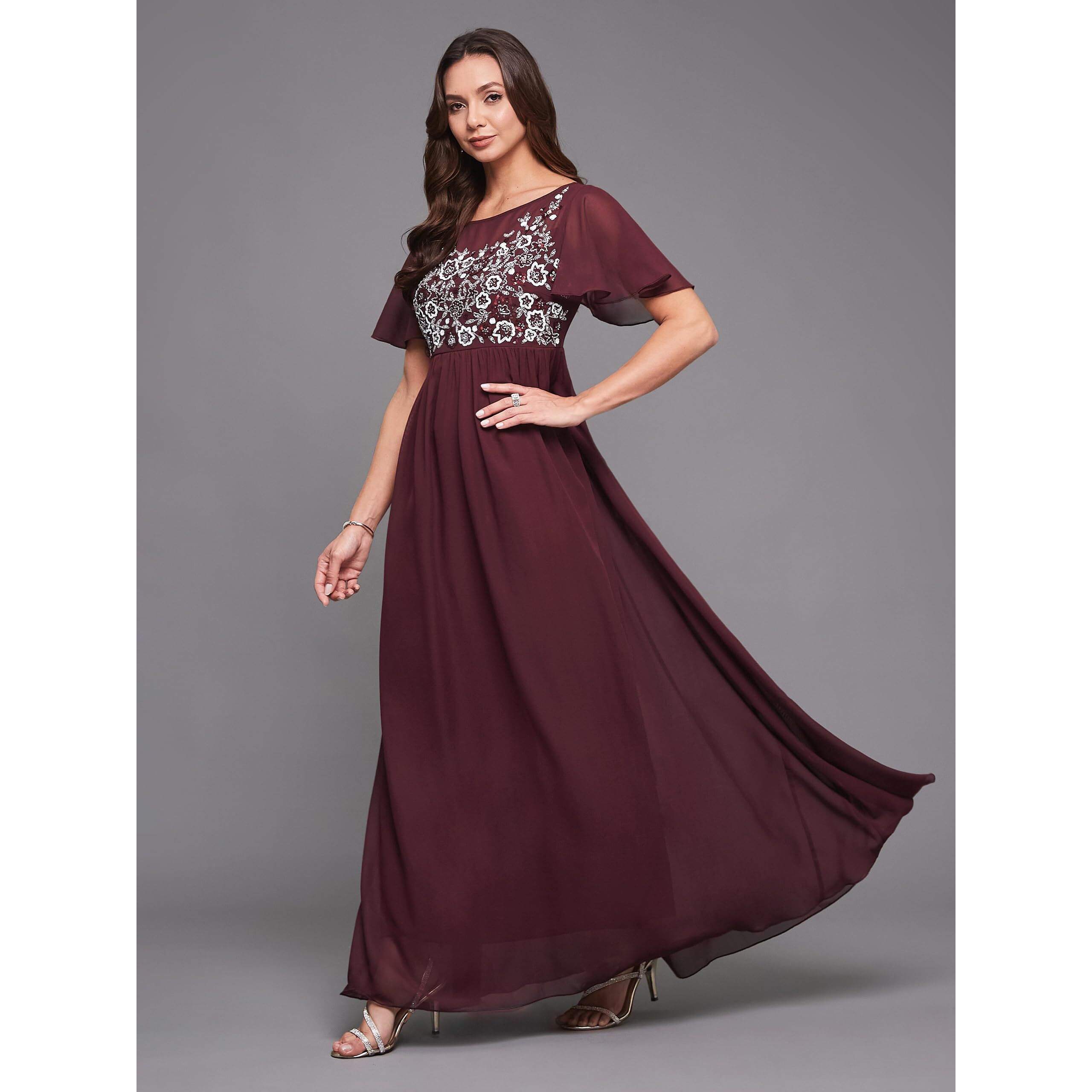 Miss Chase Women's Boat Neck Half Sleeve Solid Embellished Georgette Maxi Dress (Mcaw21D06-24-184-06, Wine, Xl)