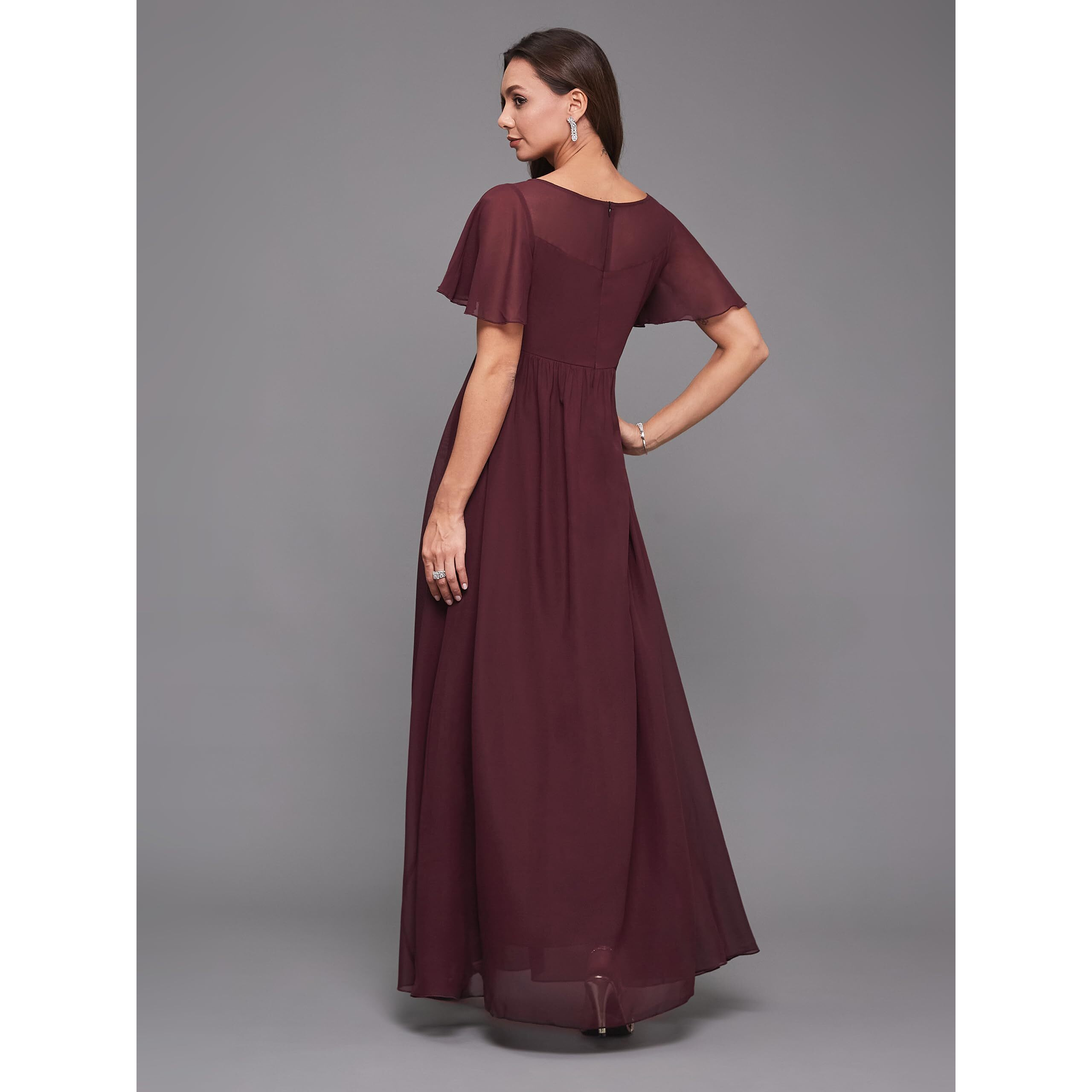 Miss Chase Women's Boat Neck Half Sleeve Solid Embellished Georgette Maxi Dress (Mcaw21D06-24-184-06, Wine, Xl)