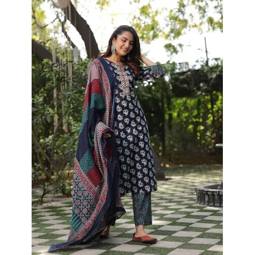 Nainvish Women's Blue Printed Straight Rayon V-Neck Kurta Pant With Dupatta (Sd694_Kbd-L_Blue)