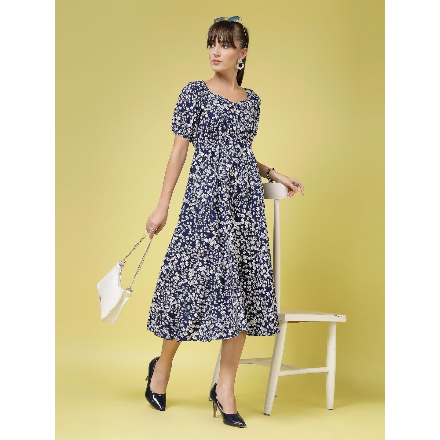 Oomph Flared Dress For Women Stylish | Long One Piece For Women | Puff Sleeve Long Dress | Floral Print Maxi One Piece | Western & Fusion Wear Berry Blue