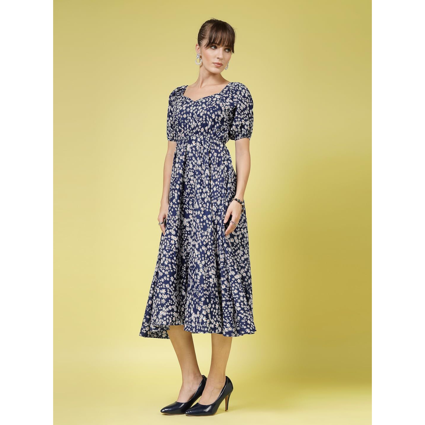 Oomph Flared Dress For Women Stylish | Long One Piece For Women | Puff Sleeve Long Dress | Floral Print Maxi One Piece | Western & Fusion Wear Berry Blue