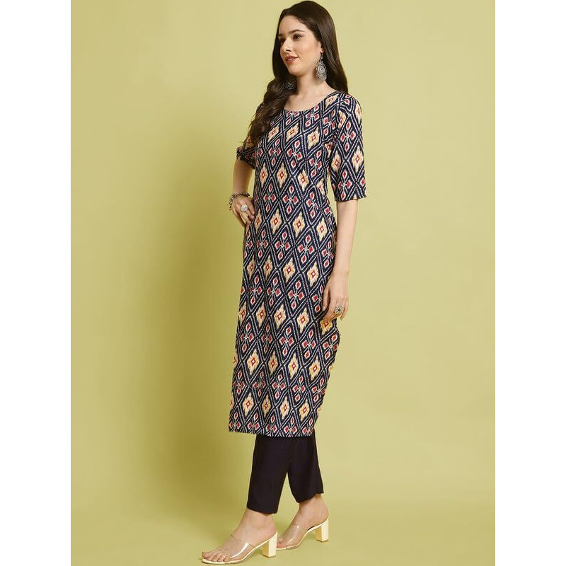 Pinkmint Elegant Printed Crepe Kurta And Pant Set For Women's Ll Fashionable Kurti Combo Set Ll Stright Round Neck Kurti (Pack Of 2) Blue-Orange